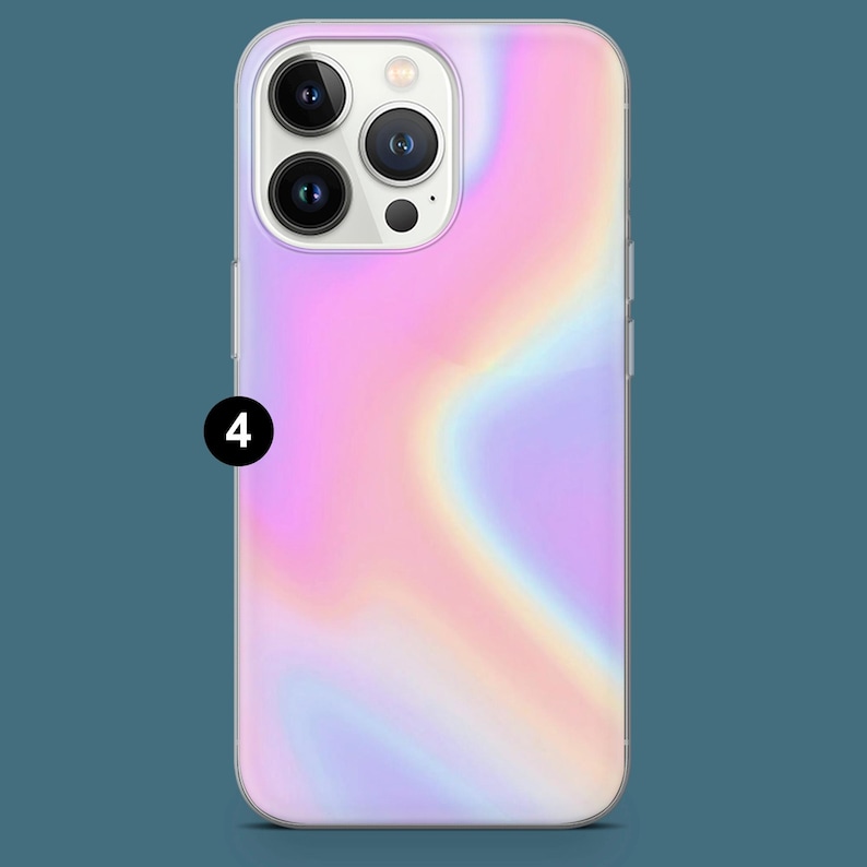 May include: A phone case with a vibrant, iridescent design. The case features a swirling pattern of pink, purple, and yellow hues, creating a holographic effect. The case has a clear border and a camera cutout.