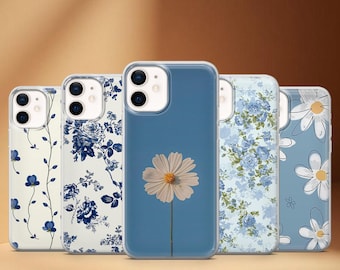 Blue Flowers Phone Case Aesthetic Floral Petals Cover for iPhone 17, 17Pro, 16, 15, 14, 13 Samsung S25 S24Fe, S23, A16, A56, Pixel 10Pro, 9A