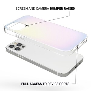 May include: A clear phone case with a pearlescent finish is shown over a silver smartphone. The case has raised edges for screen and camera protection. The text "SCREEN AND CAMERA BUMPER RAISED" and "FULL ACCESS TO DEVICE PORTS" are visible.