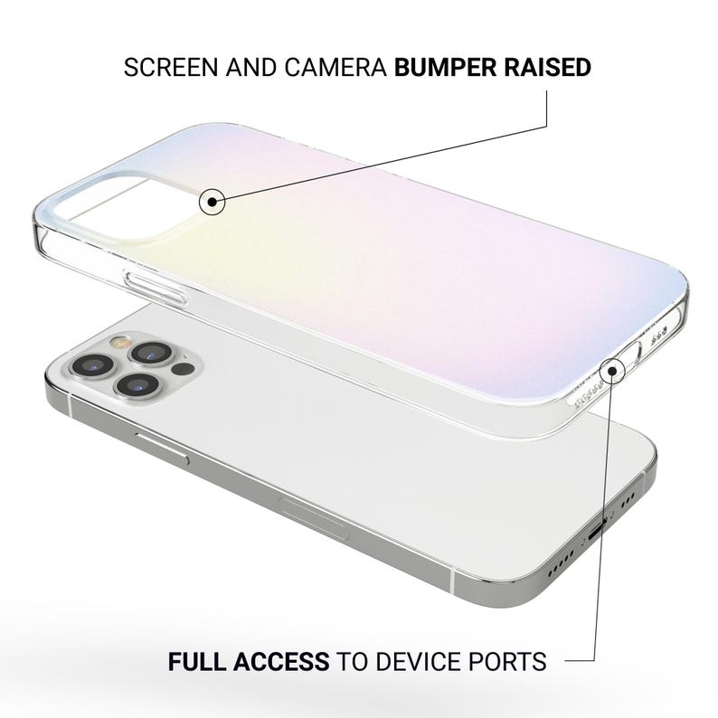 May include: A clear phone case with a pearlescent finish is shown over a silver smartphone. The case has raised edges for screen and camera protection. The text "SCREEN AND CAMERA BUMPER RAISED" and "FULL ACCESS TO DEVICE PORTS" are visible.