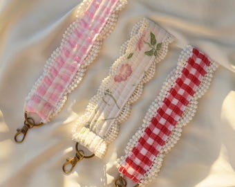 Handmade Gingham Floral Key Wristlet | Fabric Keychain Bracelet