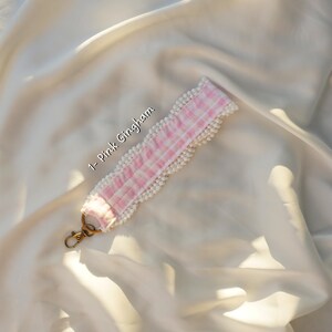 Handmade Gingham Floral Key Wristlet | Fabric Keychain Bracelet 1. Pink Gingham