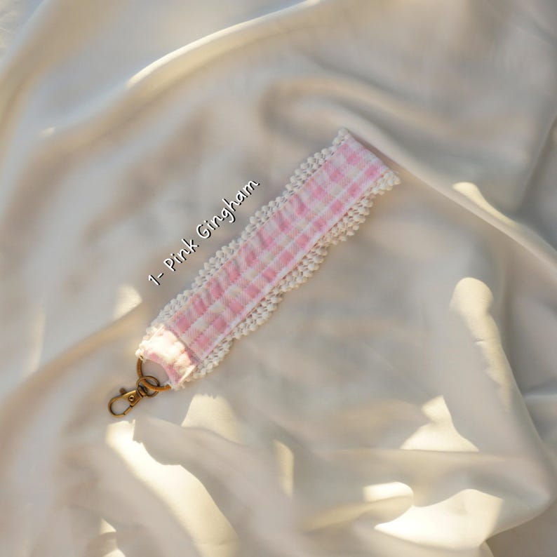 Handmade Gingham Floral Key Wristlet | Fabric Keychain Bracelet 1. Pink Gingham