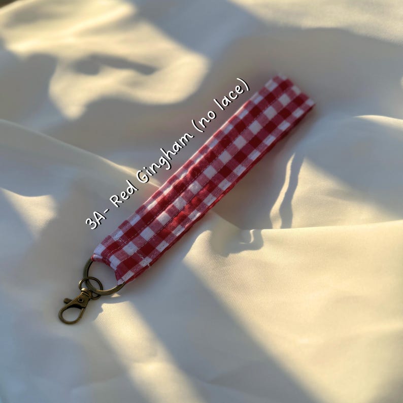Handmade Gingham Floral Key Wristlet | Fabric Keychain Bracelet image 9