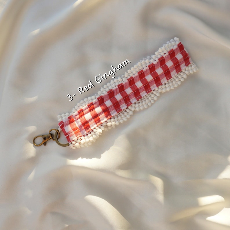 Handmade Gingham Floral Key Wristlet | Fabric Keychain Bracelet 3. Red Gingham