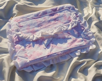 Ruffled Laptop Tablet Sleeve | Handmade Quilted Zipper Case with Bow