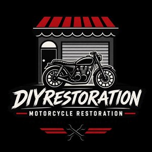 May include: A graphic logo featuring a motorcycle parked in front of a garage with a red and black striped awning. The text DIYRESTORATION MOTORCYCLE RESTORATION appears in white and red, with two crossed wrenches positioned at the bottom center.