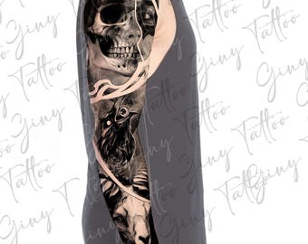 Skeleton Girl, Ram, Crow Tattoo Design (PDF + Procreate File)