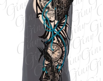 Dark Surreal Skull Raven Clock Tattoo Sleeve Design (Digital Download)