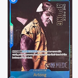 Könnte beinhalten: Eine One Piece Sammelkarte mit Arlong, einem Charakter der Fischmenschen Arlong Piraten. Die Karte hat einen blauen Rand, einen Zähler von +1000 und eine Stärke von 4000. Der Kartentext enthält Spielanweisungen.
