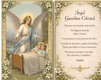 Tarjeta de Oración Ángel Guardián Celestial Imprimible | Estampa Católica 2,5x4,25 | Oración Nocturna | Pobierz Digital Sin Edición