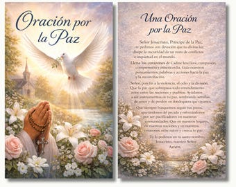Tarjeta Oración por la Paz Imprimible 2,5x4,25, Tarjeta Católica z Paloma y Rosario, Pobierz Instantánea