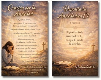 Oración para la Ansiedad Tarjeta 2.5x4.25 Descarga Digital, Tarjeta Cristiana, Versículo 1 Pedro 5:7, Oración de Paz