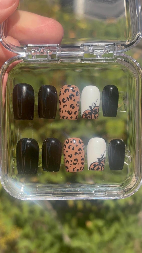 Leopard Pumpkin Press On Nails: Handmade Halloween Fall Nail Set
