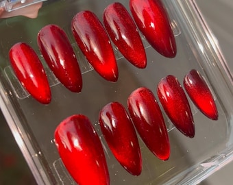Red Cat Eye Press On Nails | Luxury Almond Handmade False Nails