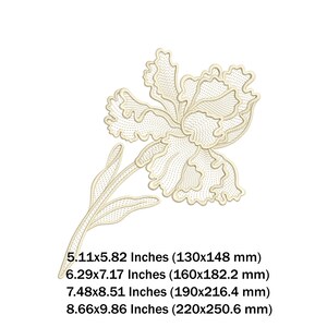 Puede incluir: Un diseño de bordado floral detallado de color crema. La imagen muestra una flor con múltiples tamaños, que van desde 130x148 mm hasta 220x250,6 mm. El diseño presenta costuras intrincadas, creando una apariencia delicada y texturizada.