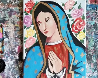 Mother Mary Beautiful Catholic Painting Floral Saint Sign