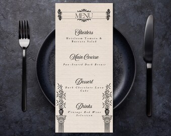 Klasyczny szablon menu weselnego w formie kolumny – eleganckie monochromatyczne menu kolacyjne (do pobrania w wersji cyfrowej)