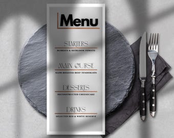 Szablon menu weselnego w stylu industrialnym i nowoczesnym – minimalistyczne menu obiadowe (do pobrania w wersji cyfrowej)