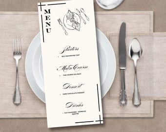 Minimalistyczny, nowoczesny szablon menu weselnego – prosta i elegancka karta menu kolacji (do pobrania w wersji cyfrowej)