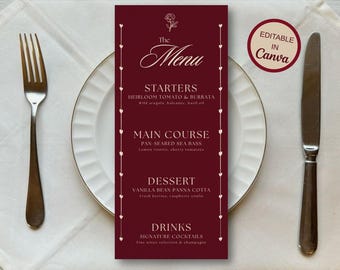 Szablon menu weselnego w kolorze bordowym, edytowalna strona przyjęcia w serwisie Canva, kolekcja Velvet Rouge (pobranie cyfrowe)