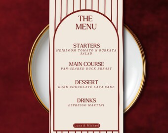 Szablon menu weselnego Arch, elegancki, edytowalny projekt Canva (do pobrania cyfrowego)