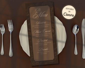 Wedding Menu Template, Moody Brown Menu Card, Velvet Noir Collection (Digital Download)