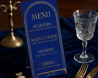 Szablon menu weselnego w kolorze granatowo-złotym, karta kolacji w kolorze granatowym (4 x 9 cali)