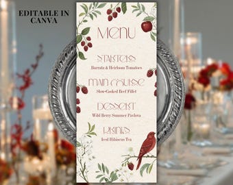 Szablon menu weselnego Ruby Botanical, menu kolacji z motywem kwiatowym Red Berry Bird (do pobrania w wersji cyfrowej)
