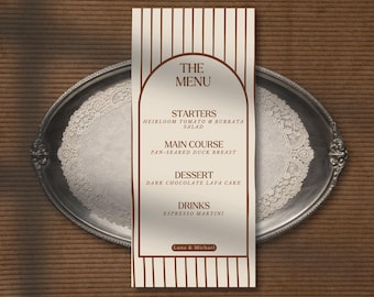 Szablon menu weselnego Espresso Martini, retro papier w paski (Canva do edycji)