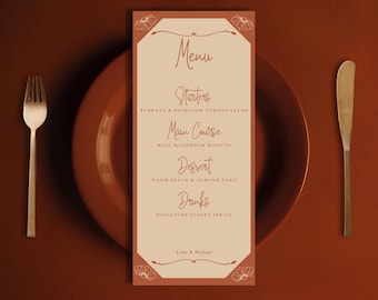 Szablon karty menu weselnego w stylu boho z terakotą, edytowalne menu w stylu łukowym z kwiatowymi detalami