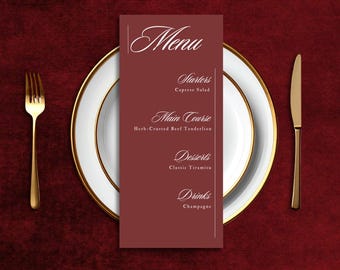 Edytowalny szablon menu weselnego w kolorze bordowym, elegancka kartka do druku Canva