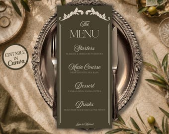 Szablon menu weselnego w kolorze oliwkowym | Edytowalny baner na przyjęcie Canva | Kolekcja Maison Olive (pobranie cyfrowe)