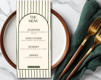 Szablon menu weselnego Sage Green Arch, nowoczesny minimalistyczny design (do pobrania cyfrowego)