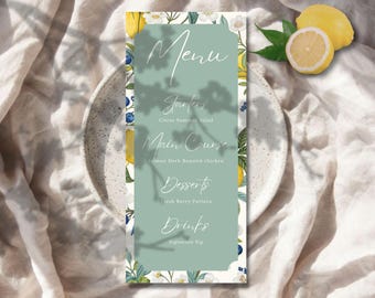 Szablon menu weselnego z cytryną, cytrusowo-botaniczna dekoracja letnia (edytowalna Canva)