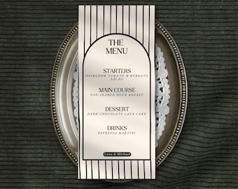 Nowoczesny szablon menu weselnego w stylu łuku, karta kolacji w czarno-białe paski (do pobrania w wersji cyfrowej)