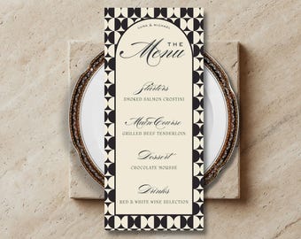 Szablon menu weselnego w stylu art déco – karta menu kolacji w stylu retro geometrycznej (do pobrania w wersji cyfrowej)