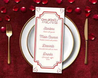 Minimalistyczny szablon menu weselnego w kształcie serca, romantyczna karta kolacji (Canva)