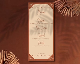 Szablon menu weselnego w stylu boho z terakoty, rustykalny, edytowalny projekt Canva (do pobrania cyfrowego)