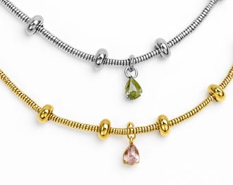 Personalised Birthstone Charm Bracelet – Stainless Steel Ball Chain - Tarnish Free Jewellery, Bridesmaid/Birthday Gift