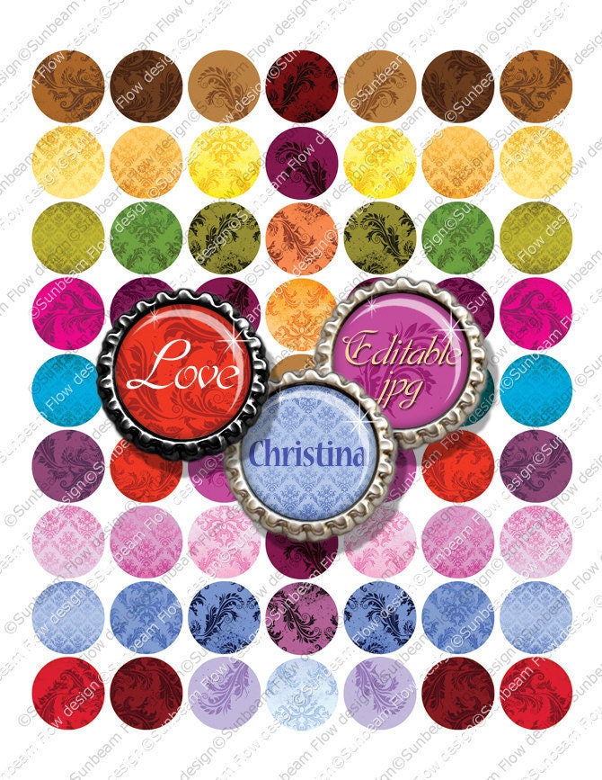 INSTANT DOWNLOAD - 1" Circles Editable JPG Damask 03 Printable B…
