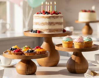 Handmade Walnut Wood Cake Stand: Modern Dessert Pedestal