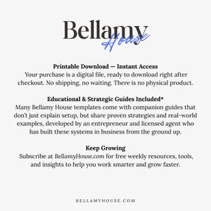 May include: A white background with the text "Bellamy House" in a stylized font. The text describes printable downloads, educational guides, and resources available at BellamyHouse.com.