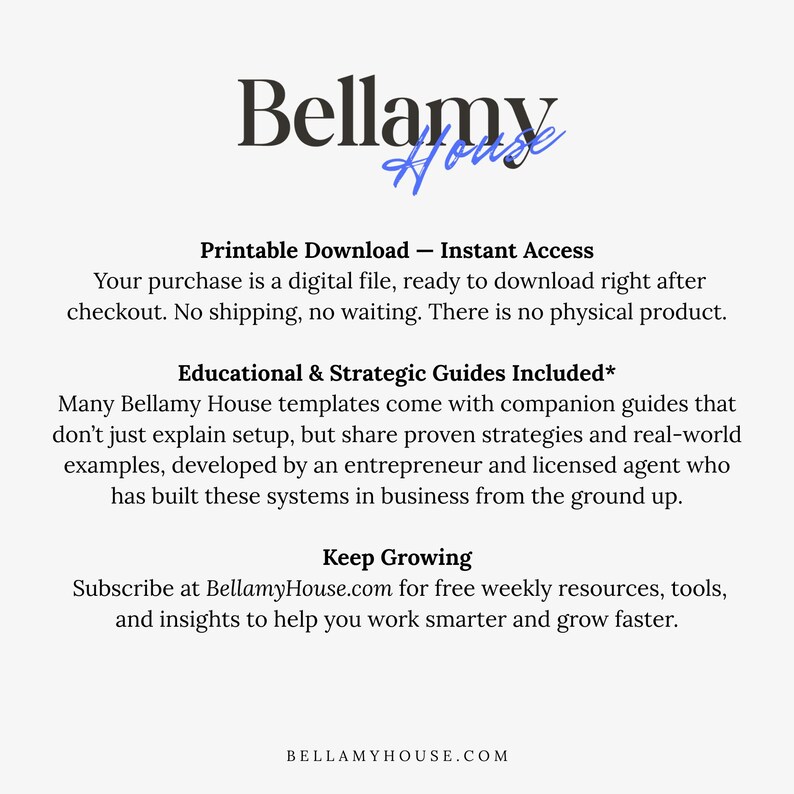 May include: A white background with the text "Bellamy House" in a stylized font. The text describes printable downloads, educational guides, and resources available at BellamyHouse.com.