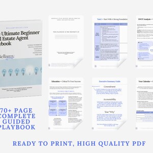 May include: A white book titled "The Ultimate Beginner Real Estate Agent Playbook" with a light blue cover featuring light bulbs. The image also shows several pages with text and the words "READY TO PRINT, HIGH QUALITY PDF".