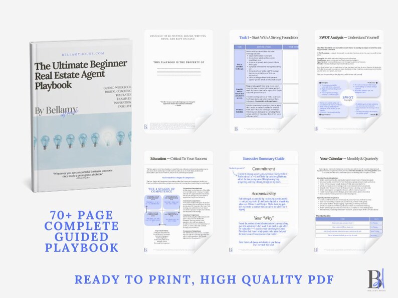 May include: A white book titled "The Ultimate Beginner Real Estate Agent Playbook" with a light blue cover featuring light bulbs. The image also shows several pages with text and the words "READY TO PRINT, HIGH QUALITY PDF".