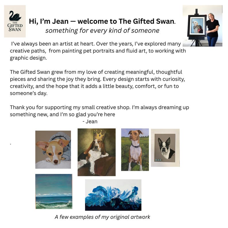 May include: A collage of original artwork featuring pet portraits and fluid art. The images include a small dog, a basset hound wearing a crown, a brown and white dog in a field, a Boston terrier portrait, an ocean wave, and blue fluid paint.