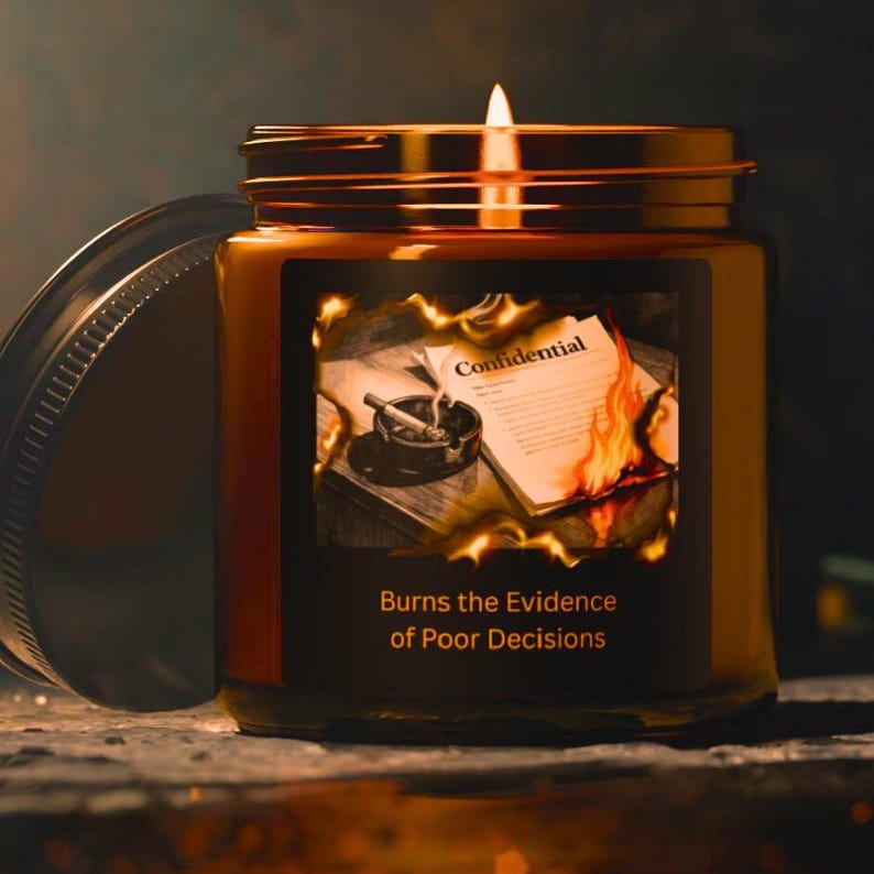 May include: A lit candle in a brown glass jar with a metal lid. The label features a graphic of a burning document labeled Confidential and an ashtray with a cigarette, with the text Burns the Evidence of Poor Decisions printed below.