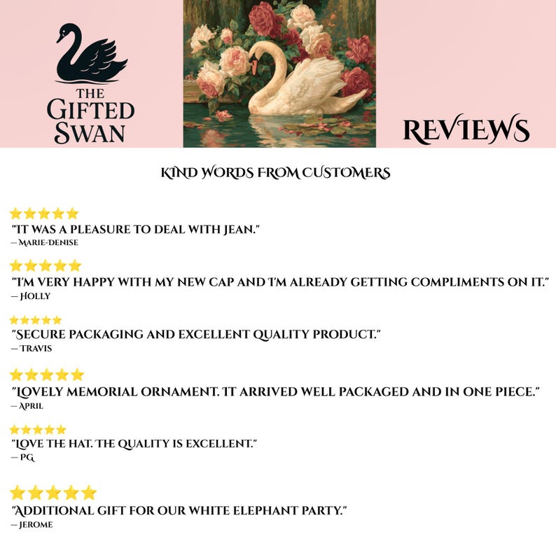 May include: A customer review page for The Gifted Swan featuring a logo of a black swan, an illustration of a white swan among pink and white roses, and the text Kind Words From Customers followed by six five-star reviews from various buyers.