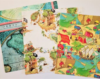 Vintage Wrapping Paper Curated Set - Arr Matey - Three Sheets Gift Wrap Various Sizes - Pirate Adventure Maps Birthday - Hallmark